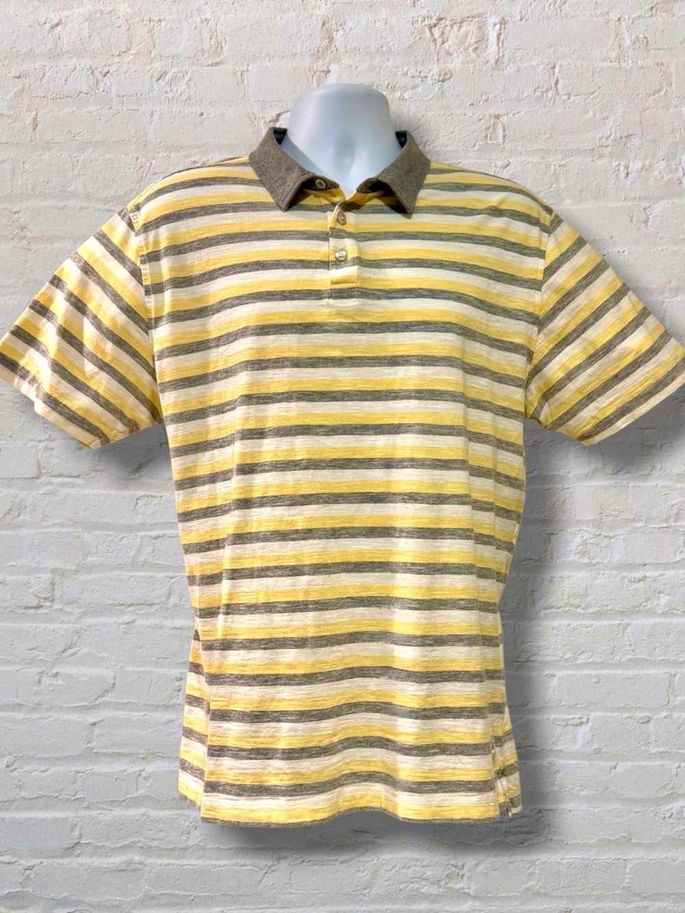 Linksoul Mens L Striped Polo Shirt Gray Yellow Cotton Golf Casual Beach